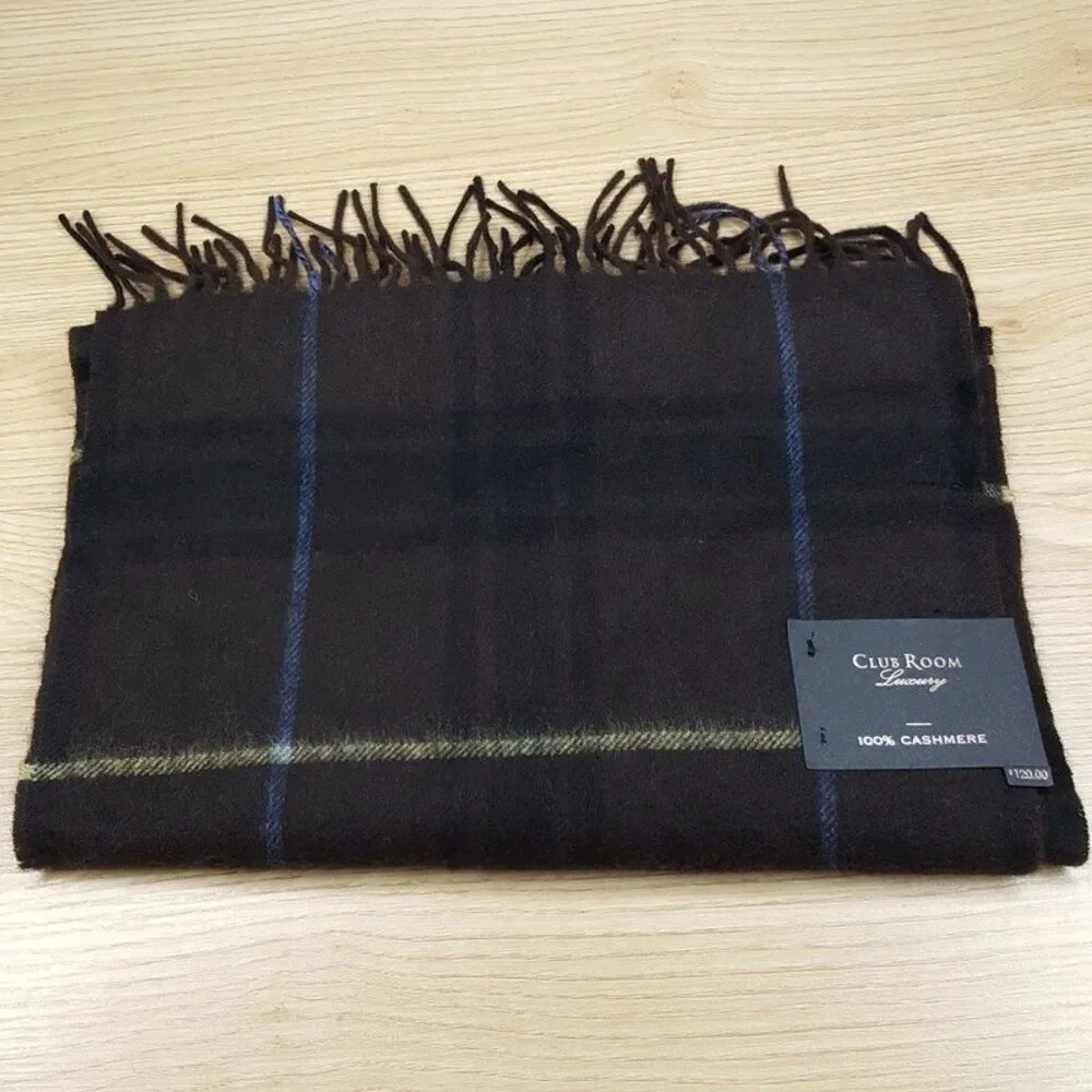 CLUB ROOM Mens Scarf Brown Plaid 100% Cashmere Fringe Rectangle Soft Knit 63x13